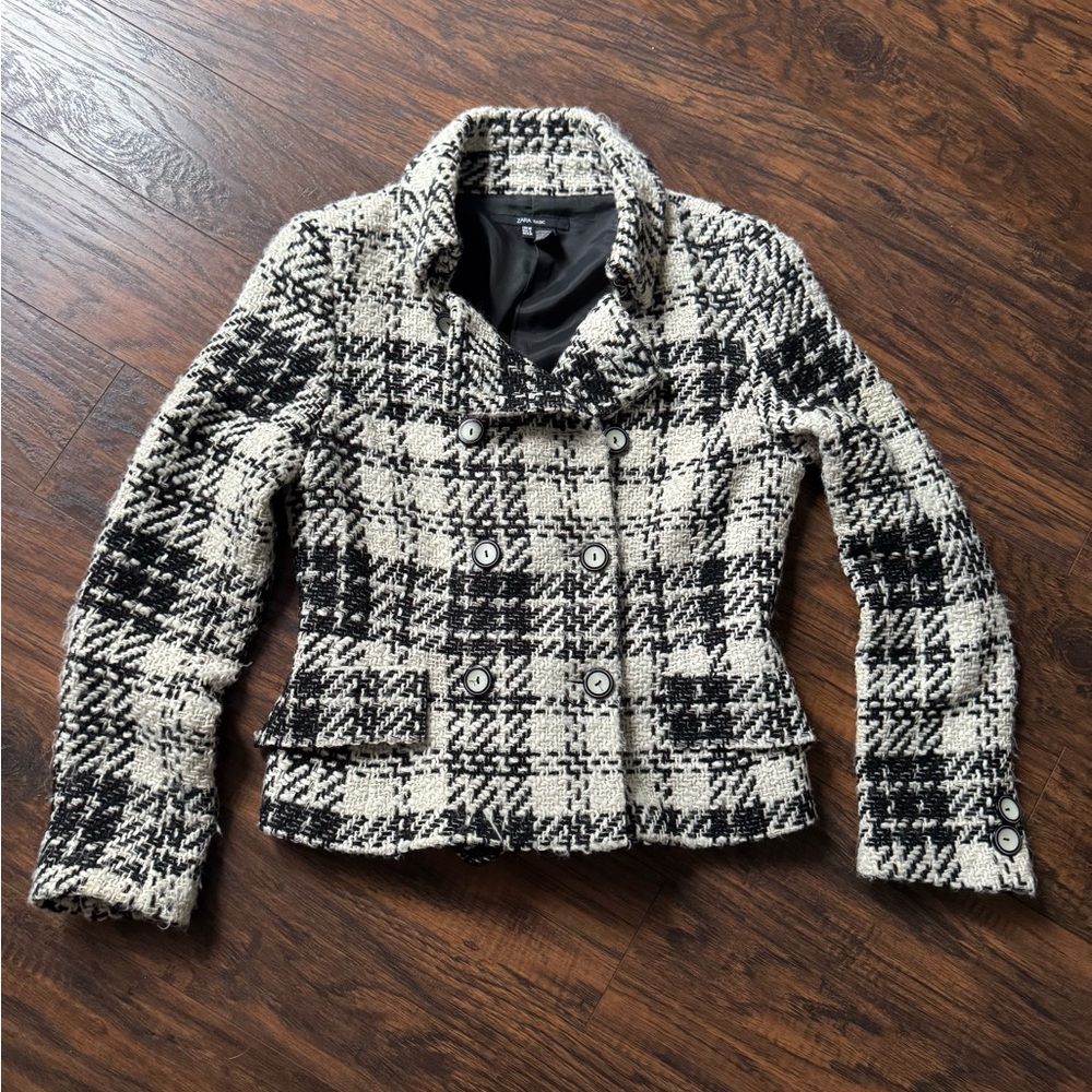 ZARA Basic Tweed Textured Plaid Wool Double Breasted Jacket